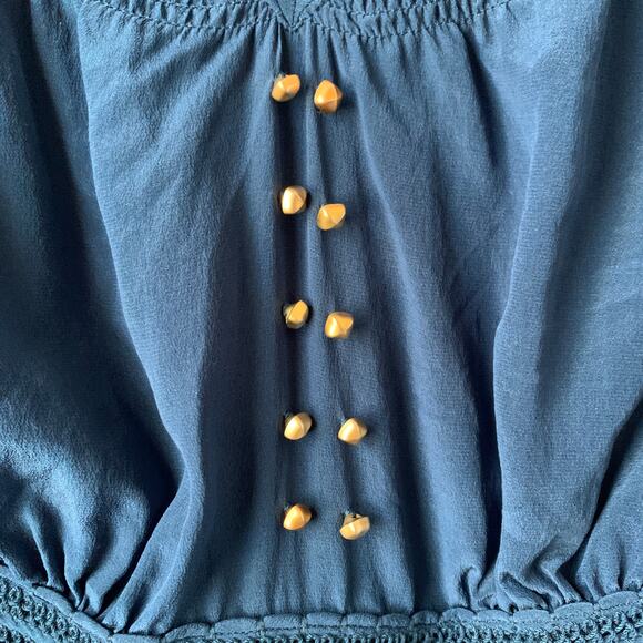 Leifsdottir Blue Dress Gold Beads Tiered Ruffle 3/4 Sleeve Twilight Alice Size 4 - Picture 13 of 16